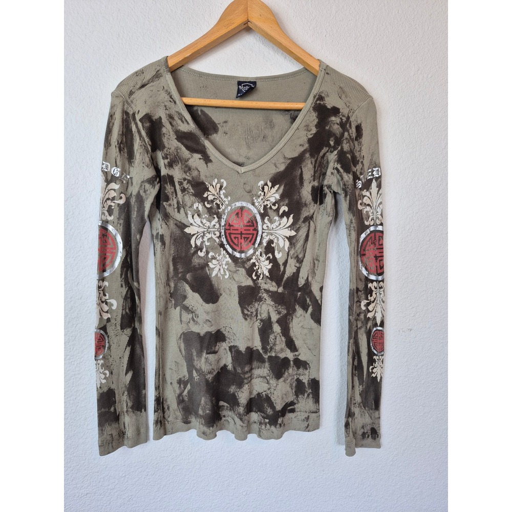Sledge USA‎ V-Neck Long Sleeve Ribbed Thermal Acid Wash Graphic Top Size Medium
